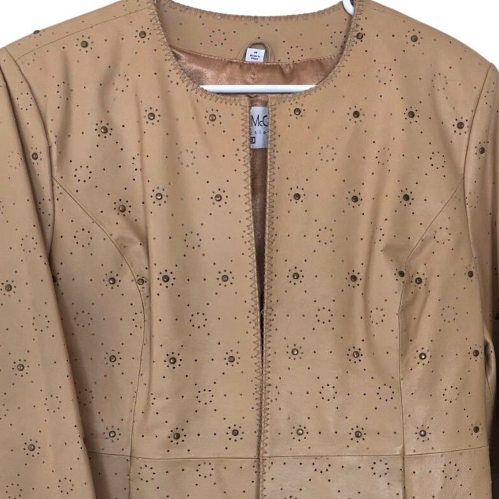 Pamela McCoy Tan Leather Jacket Perforated Studded Whipstitch Tan Medium PM-2016